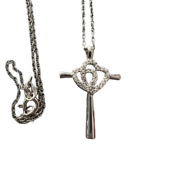925 Sterling Silver CZ Double Hearts Cross Necklace - Picture 1 of 6